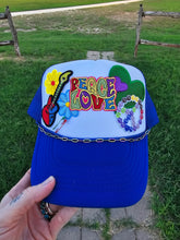 Load image into Gallery viewer, Peace &amp; Love Patched trucker cap
