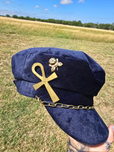 Load image into Gallery viewer, Navy Cabbie hat accessorized

